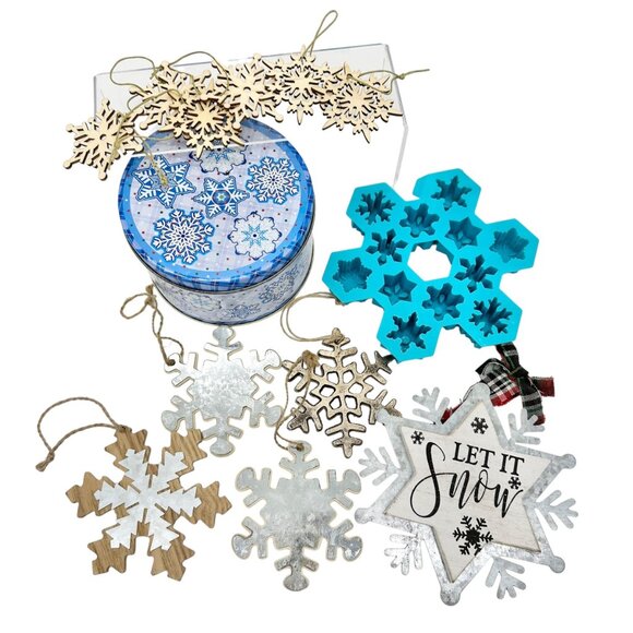 Snowflake Ornaments 13 pc Set Wood Metal Storage Tin Box Ice Cube Mold - Picture 1 of 16